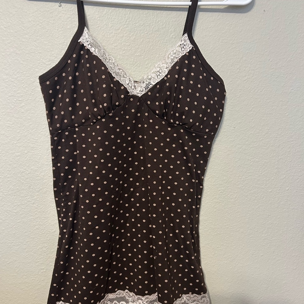 Topia Brown and White Polka Dot Camisole with lace trimmings Y2K style